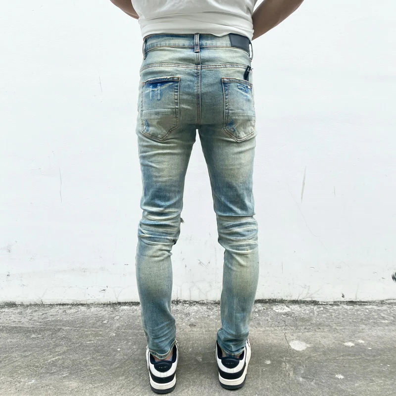 High Street Fashion Men Jeans Retro Blue Elastic Stretch Skinny Fit Ripped Jeans Men Pink Patched Designer Hip Hop Brand Pants