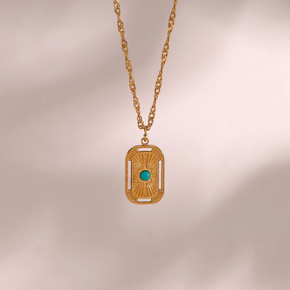 

2022 New Stainless Steel PVD Plated Waterproof Jewelry Natural Turquoise Sunburst Rectangle Pendant Necklaces For Woman