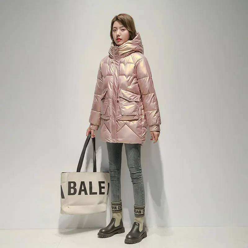 Parkas Women 2023 New Winter Jacket Glossy Long Coat Cotton Padded Hooded Parkas Jackets Thick Warm Female Outwear Pockets S48
