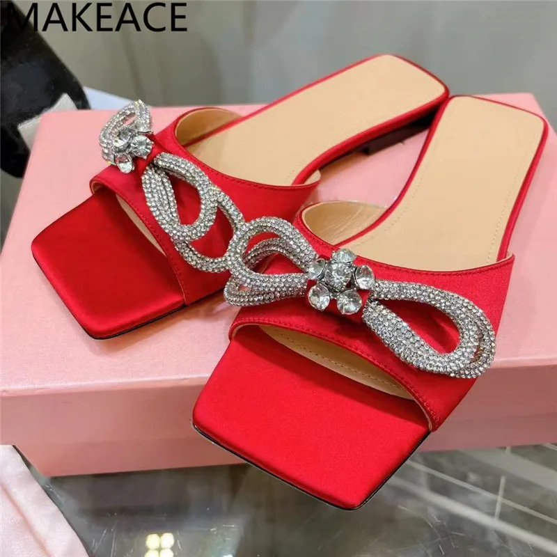 

Summer New Square Toe Flat Heel Satin Slippers Women Crystal Bow Decoration Woman Shoes Sandals Party Banquet Dress Shoes 2022