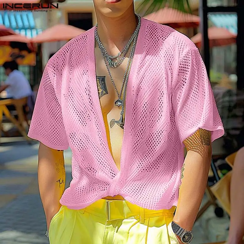Топы INCERUN новинка 2024 Мужская пикантная блузка для отпуска в Корейском стиле