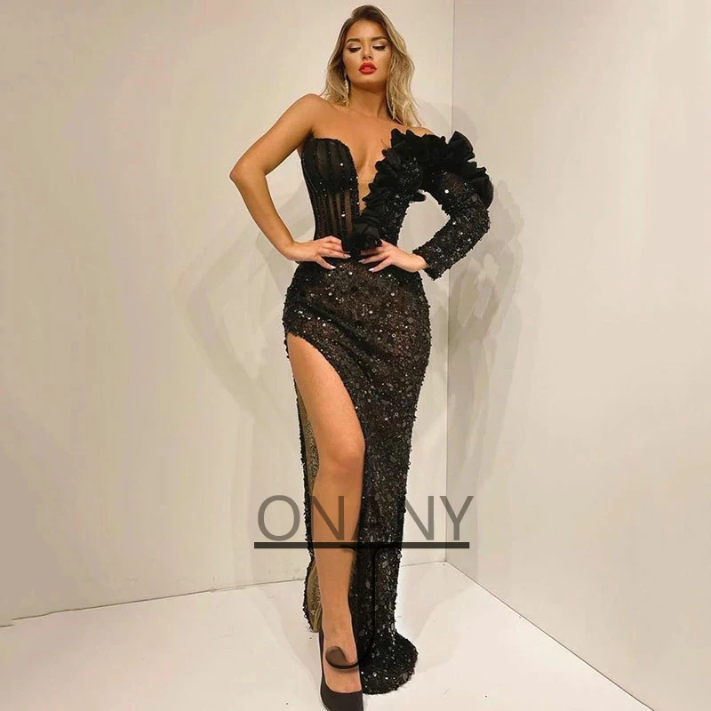 

Sequin Black Geogeous Evening Dresses V-Neck Clubbing Prom Gowns Personalised Abendkleider Fiesta De Noche Robe Ball Stretch