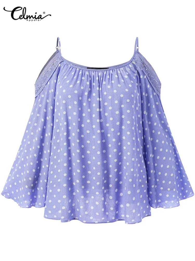 Celmia женская модная блузка с круглым вырезом летние топы в горошек на бретельках