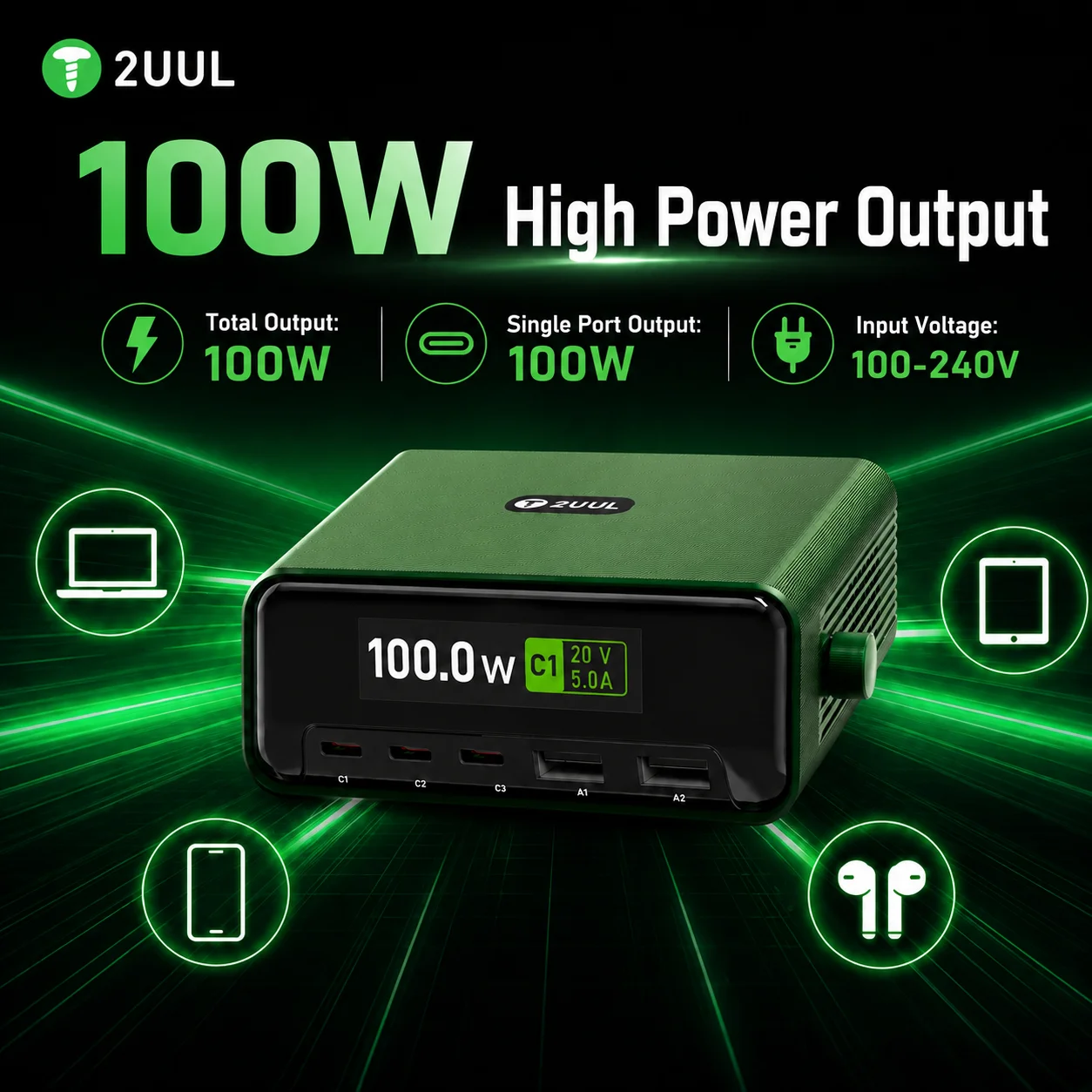 Фото 2UUL PC12 100W Цифровая многопортовая настольная зарядная станция с 3 портами Type-C и 2 портами USB-A для быстрой зарядки телефонов, планшетов и ноутбуков №5