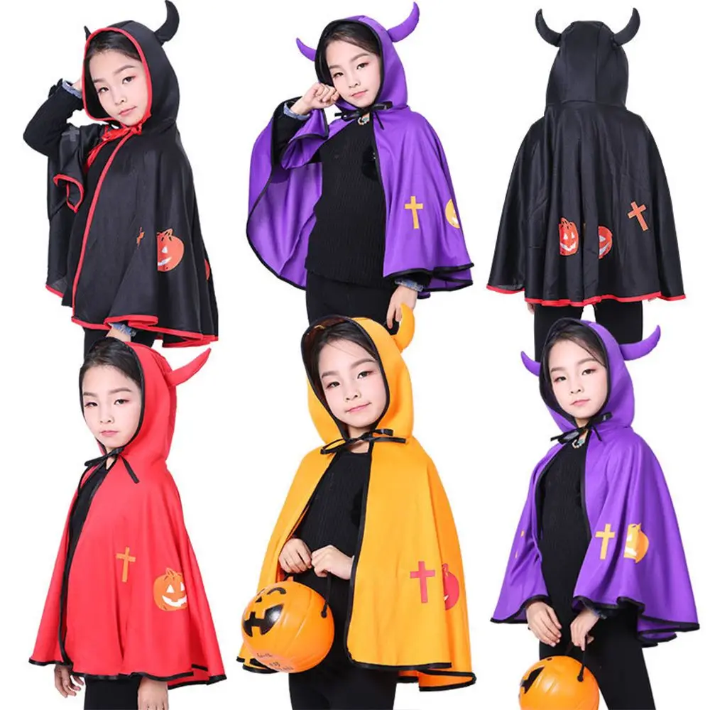 

New Boys Devil Horn Cape with Hooded Girls Witch Magic Cloak Halloween Cosplay Props