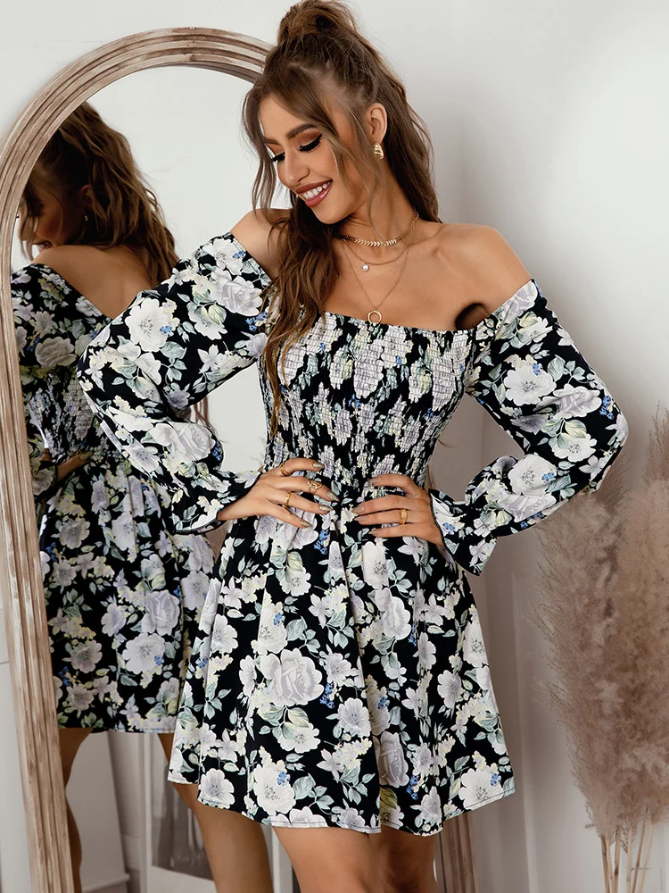 

Vintage Flower Print Boho Dress 2022 Spring Beach Casual A-line Slim Mini Dresses Women Sexy Square Collar Party Dress Vestido