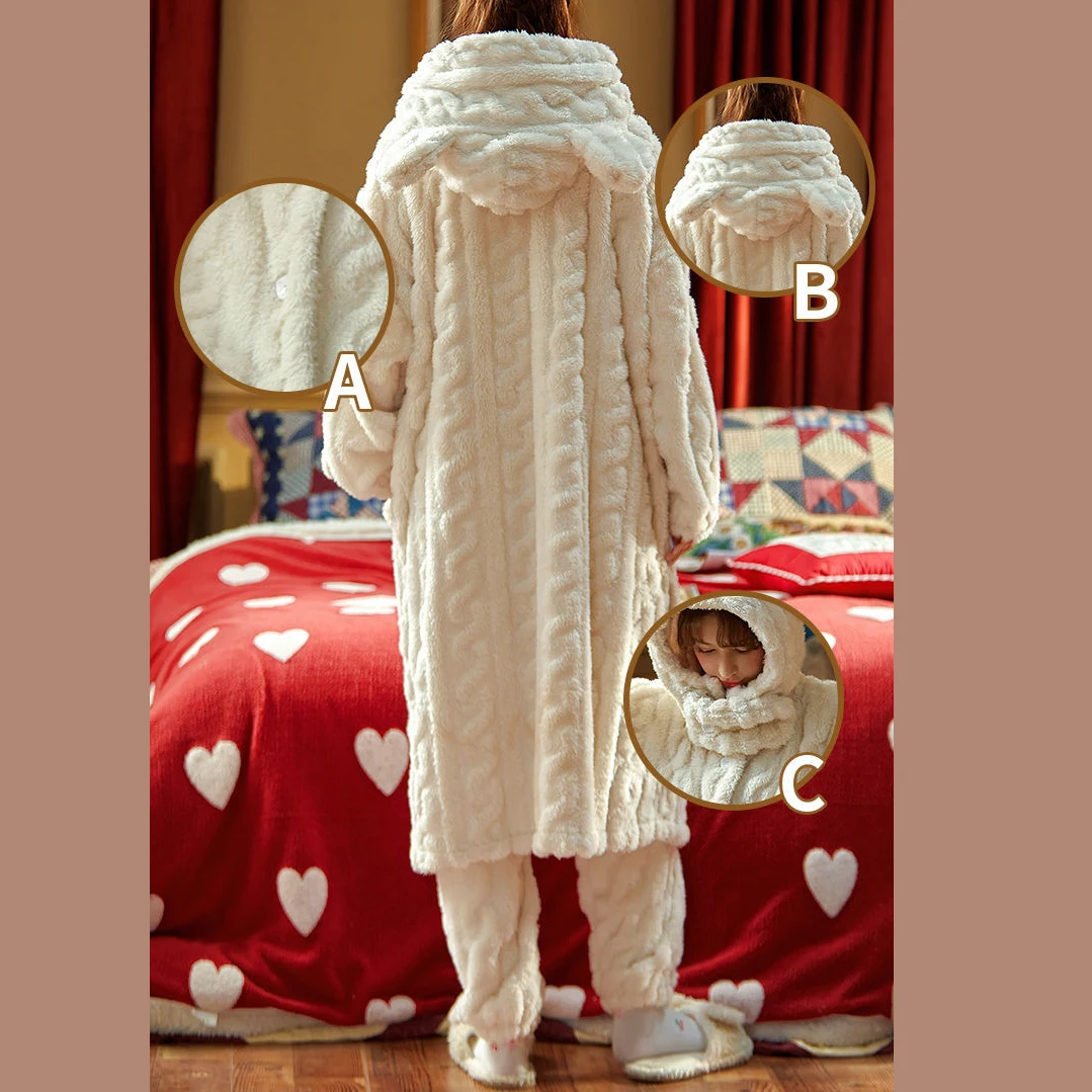 Pajama Sets Women Kawaii Flannel Warm Animal-ears Hat Loose Sleepwear Comfort Winter Thick Sweet Students Pajamas Long Sleeve