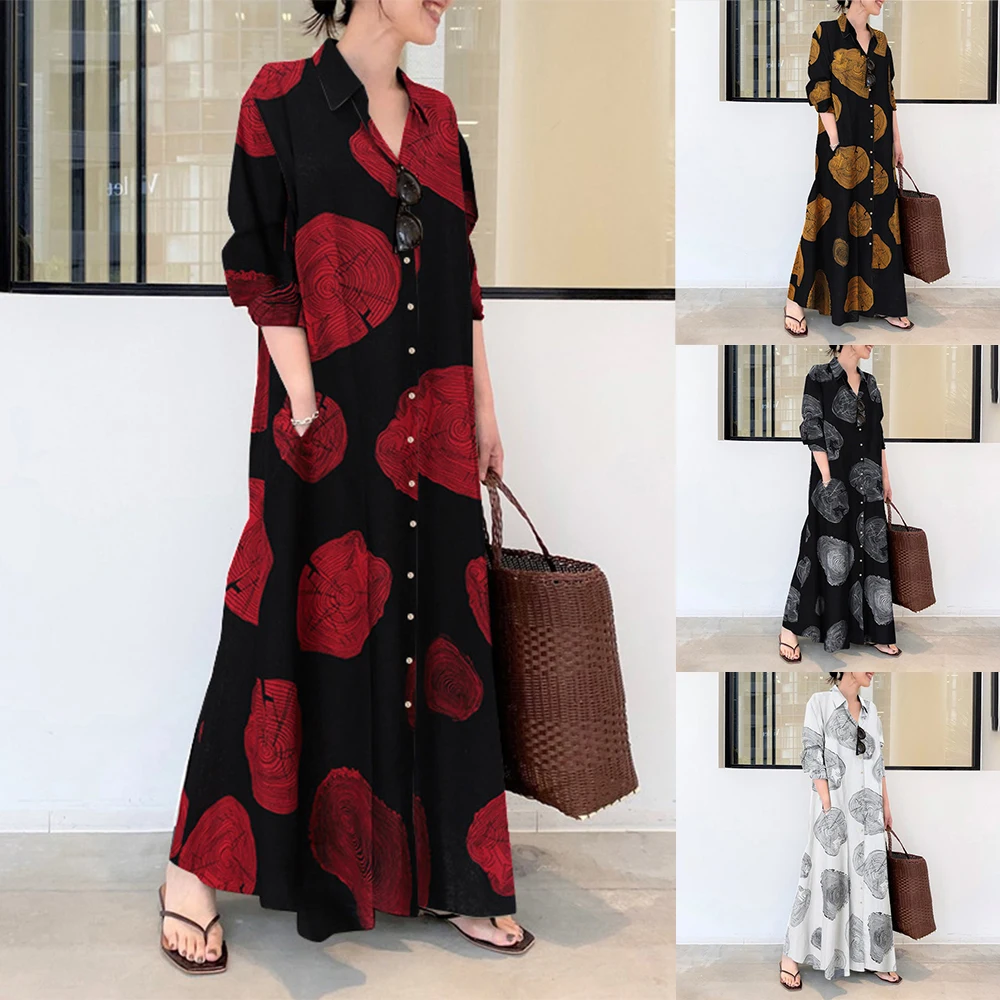 

Ramadan Muslim Printed Maxi Dress Women Abaya Islamic Clothing Casual Long Sleeve Shirt Vestidos Female Button Robe Summer 2023