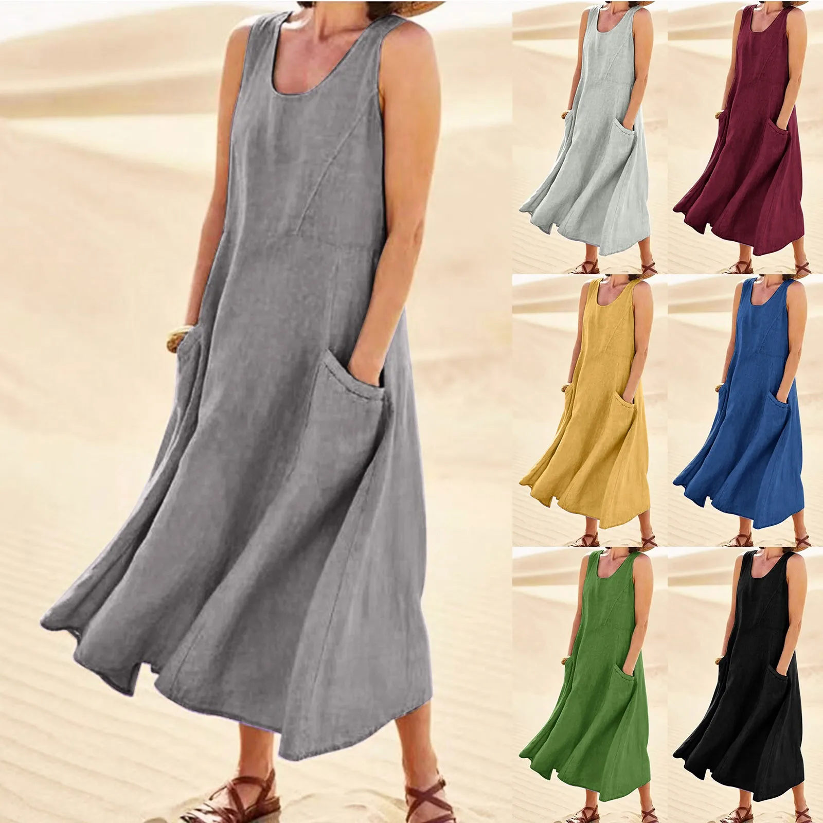 

Summer Ladies Vintage Cotton Linen Long Dresses Women Solid Color Sleeveless Boho Maxi Dress Pocket Loose Tank Dresses