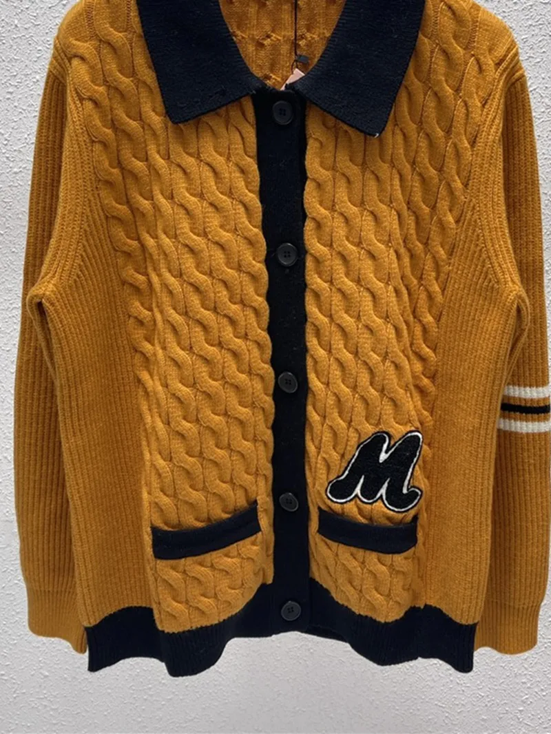 

Women's Letter Turn-Down Collar Ribbed Knitted Cardigan All-Match Ladies Retro Contrast Color Single-Breasted Sweater Coat New