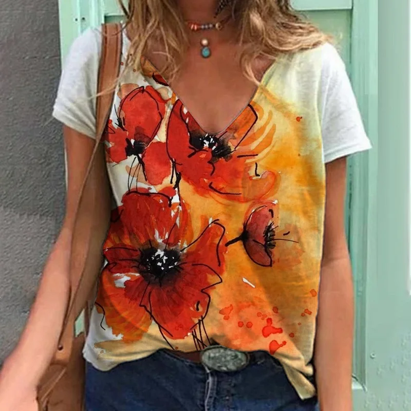 Floral print women's pullover V-neck top summer short sleeve loose fashion comfortable sports T-shirt 2023 new model