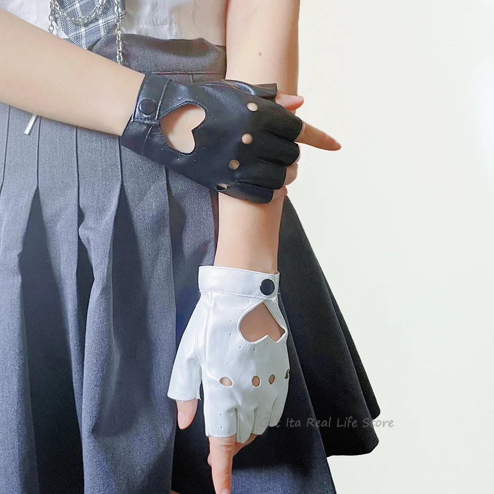 

Fingerless Gloves Anime PU Leather Kawaii Heart Black White Pink Gloves Fashion Streetwear Women Punk Goth Lolita Gloves