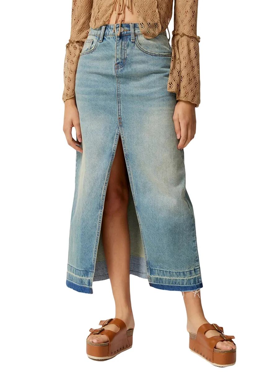 

Women's Long Denim Skirts, Casual Mid Waist Split Front Midi Jean Skirts with Pockets