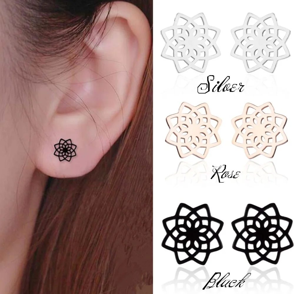 

2021 Simple 925 Anti Allergy Silver Needle Flower Pattern Stud Earring Hollow Snow Lotus Earrings for Womens