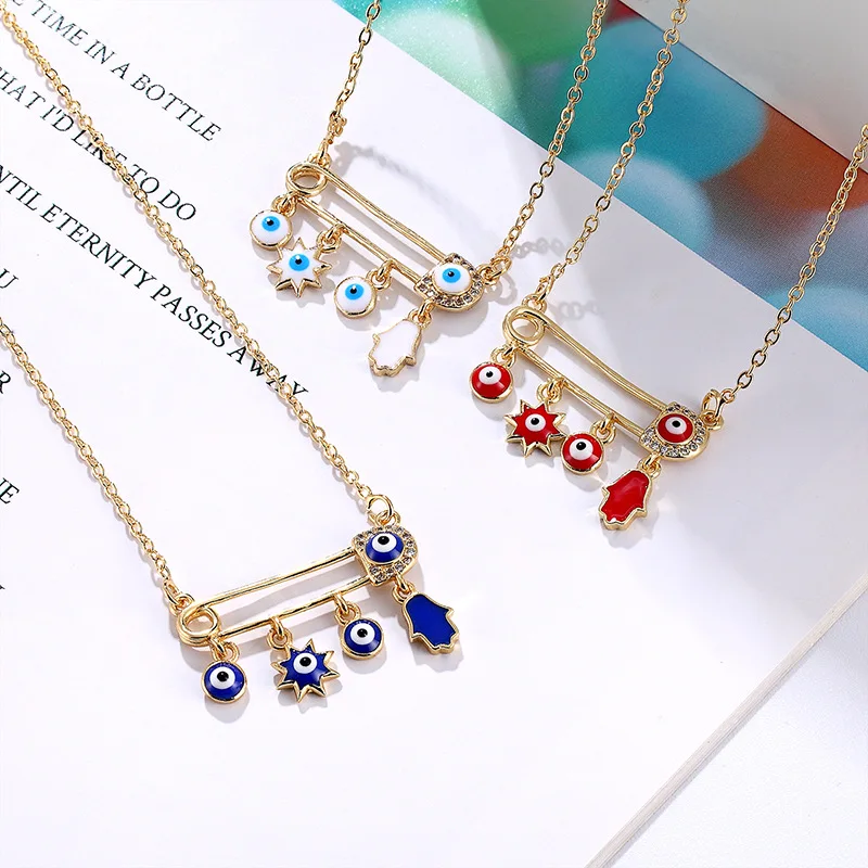 

5Pcs Enamel Copper Pin With Eye Pendant Gold O-chain Necklace Ladies Turkish Eyes Women Men Fashion Jewelry Gift
