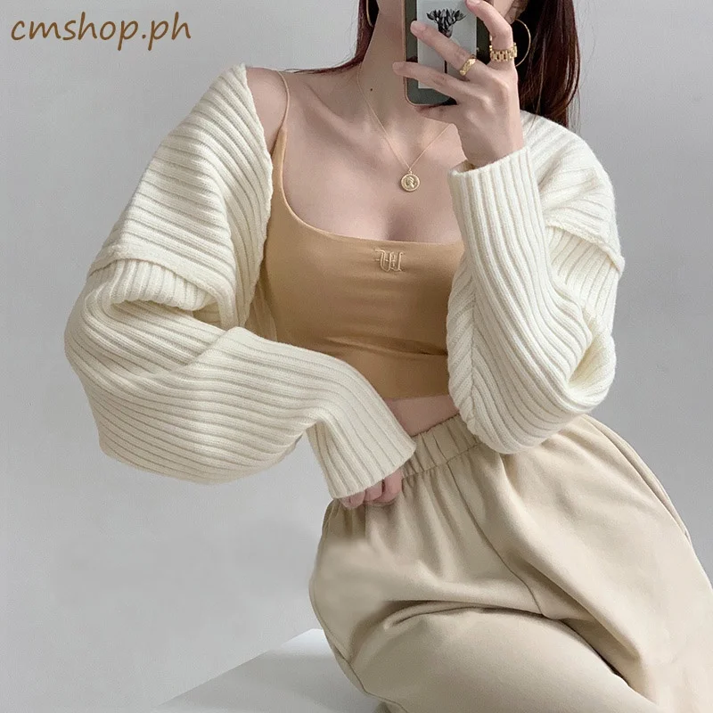 

[Ready Stock] Korean Fashion Solid Color Sweater Women Long Sleeve Knit Cardigan Crop Top Ootd