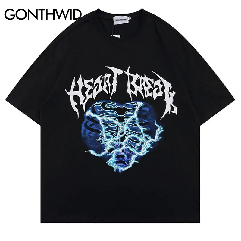 

2022 Hip Hop Gothic T Shirt Streetwear Lightning Skull Graphic Print Punk Tees Harajuku Cotton Loose Casual Short Sleeve Tshirts