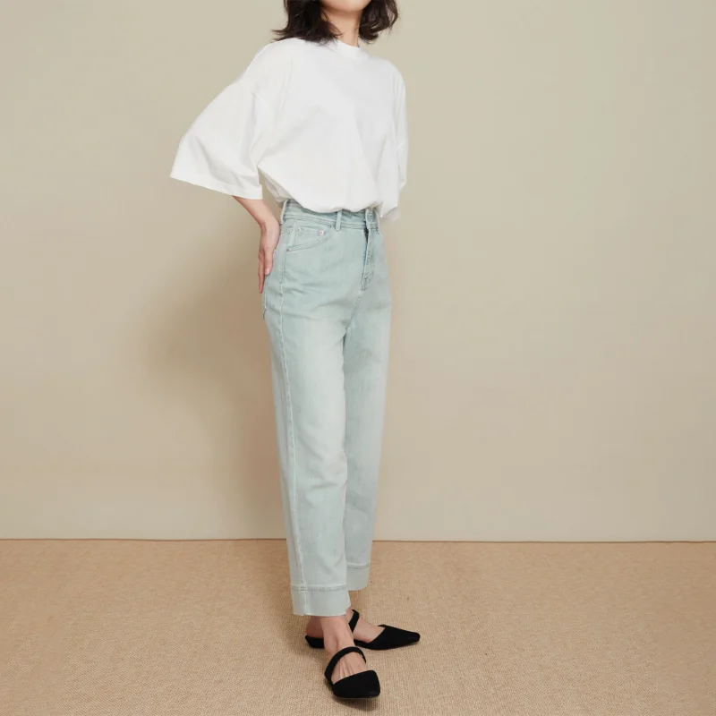 

2023 Summer Acetate Fiber Jeans Light Blue High Waist Straight Wide Leg Pants