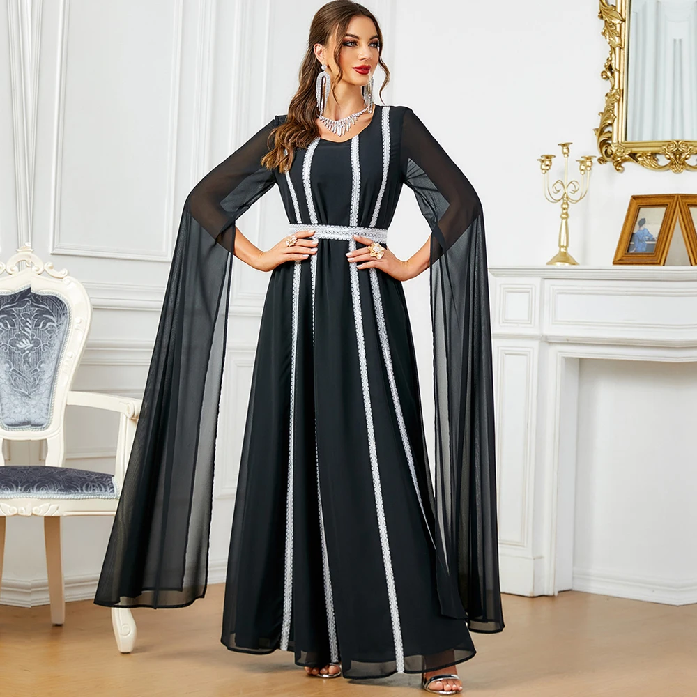 Модное шикарное однотонное шифоновое вечернее платье с длинным рукавом и