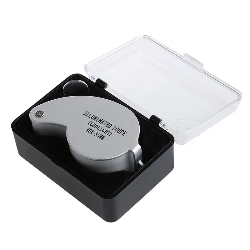 

40X 25mm Metal Cover Jewellery Loupe Eye Hand Magnifier Glass Lens LED Light Hot