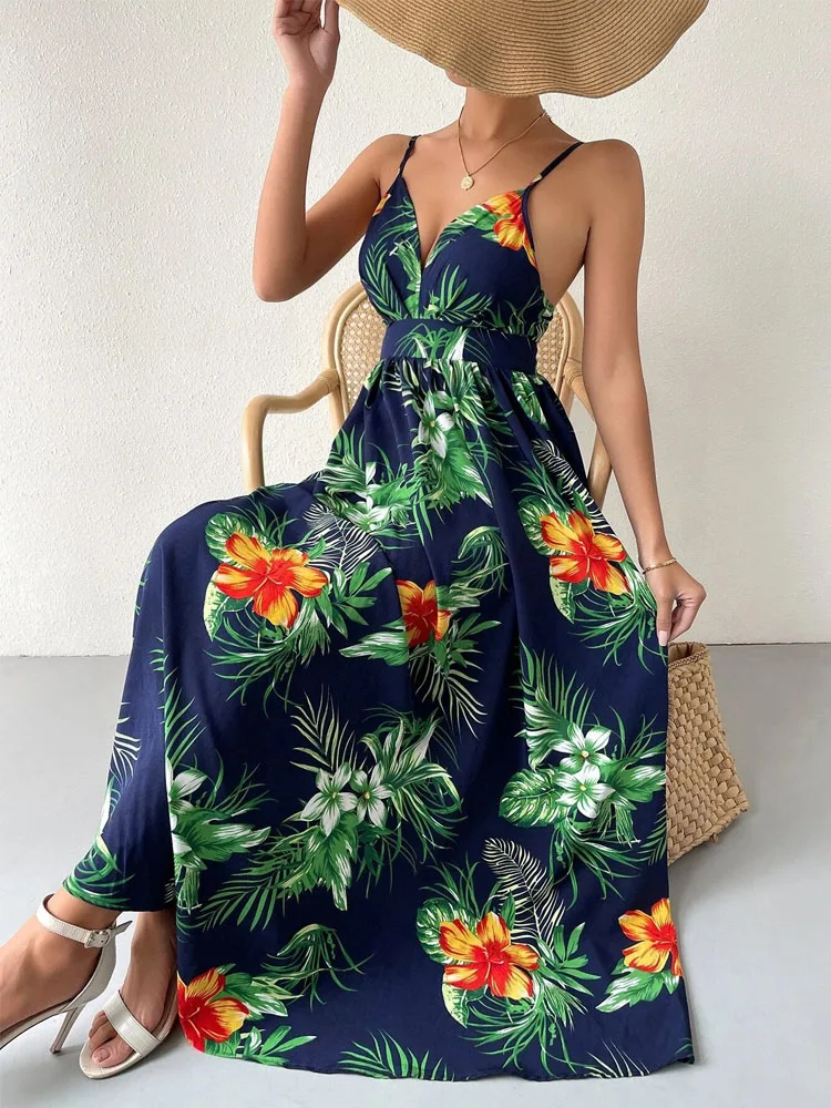 

Платье женское длинное свободного кроя с принтом, V-образным вырезом, высокой талией и открытой спиной