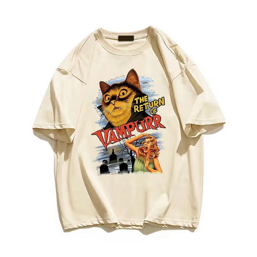 

Футболки для мужчин и женщин с принтом «Кот Возврат вампура», хлопковая футболка с коротким рукавом, ужасная футболка, мужская одежда