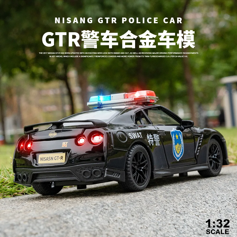 

Полицейский Автомобиль Nicce 1:32 Nissan GTR, модель автомобиля из литая под давлением из металлического сплава, модель автомобиля со звуковым оформлением, коллекционная детская игрушка, подарки