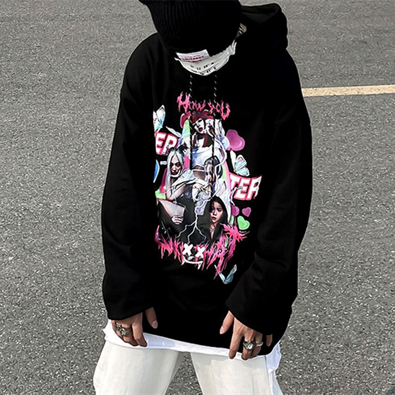 

Ins New Spring Black White Character Hip Hop Fun Hoodies Streetwear Goth Clothes Oversized Korean Fashion Teens Long Sleeve Tops