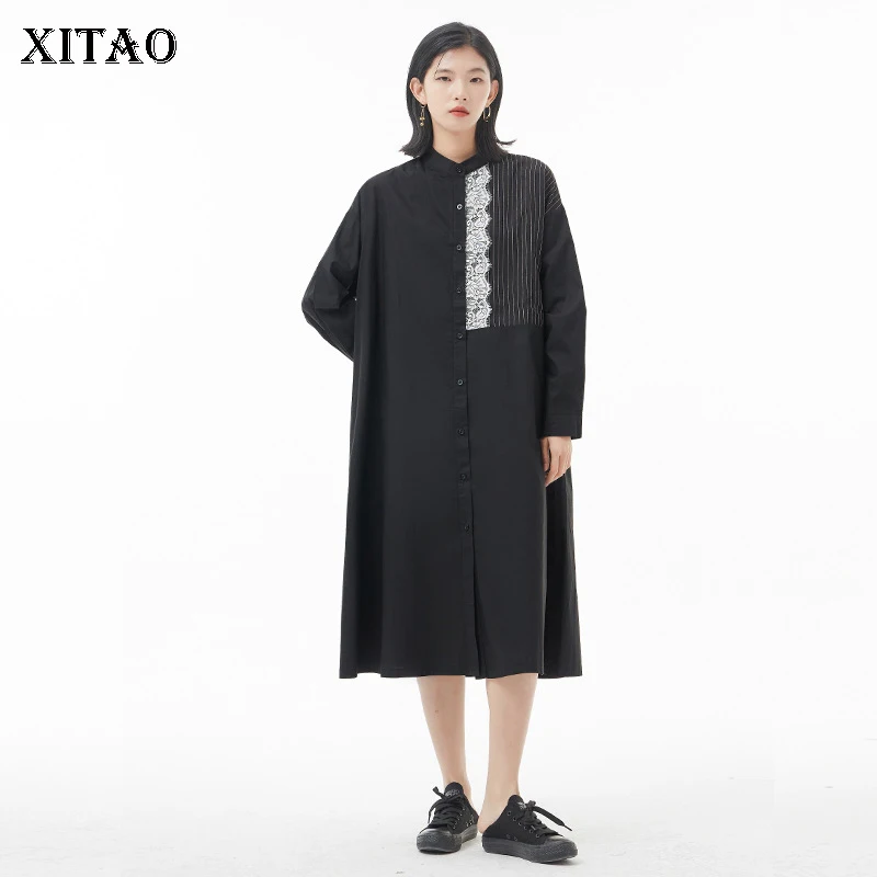 

XITAO, черное кружевное платье, модное, цельное, длинный рукав, богиня, веер, повседневное, в полоску, 2022, весеннее, национальное, свободное плат...