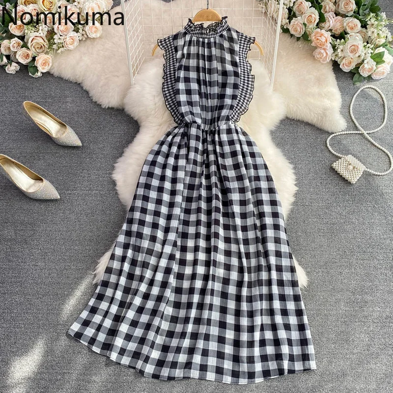 

Nomikuma Dresses for Women 2022 Summer Stand Neck Ruffles Patchwork Plaid Chic Ropa Mujer Vintage Fashion Elegant Women Dress