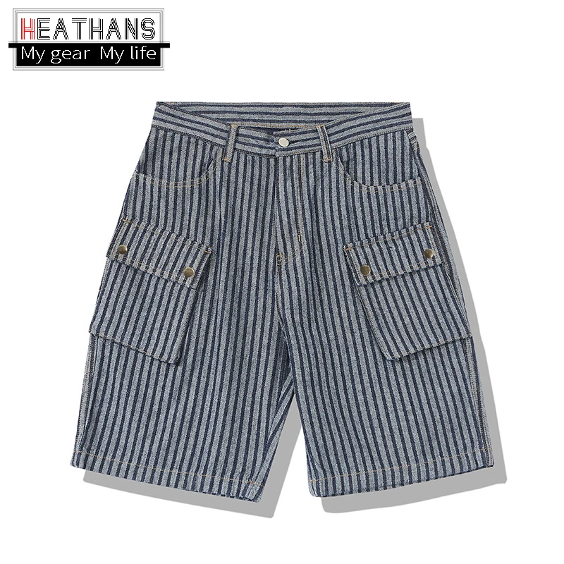 

Hot Sales New Jeans Men Summer Cargo Short Jean Multi Pockets Stripe Vintage Denim Shorts for Male High Quality Denim Trousers