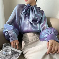 elegant shiny shirt top for women spring autumn lantern sleeve bow collar blouse lady chic high street glossy shirt