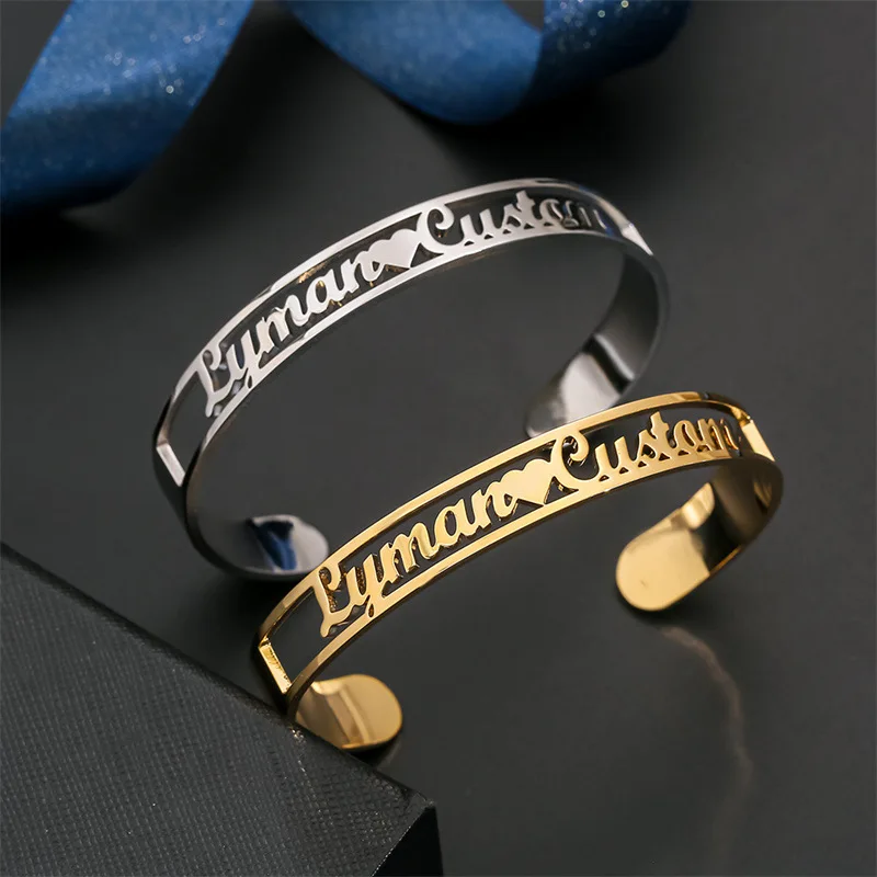 Hiyong Custom Name Bangle, 8 mm Hollow Name Bracelet Men Bracelet Custom Name Personalized Bracelets Jewelry Best Friend Gifts