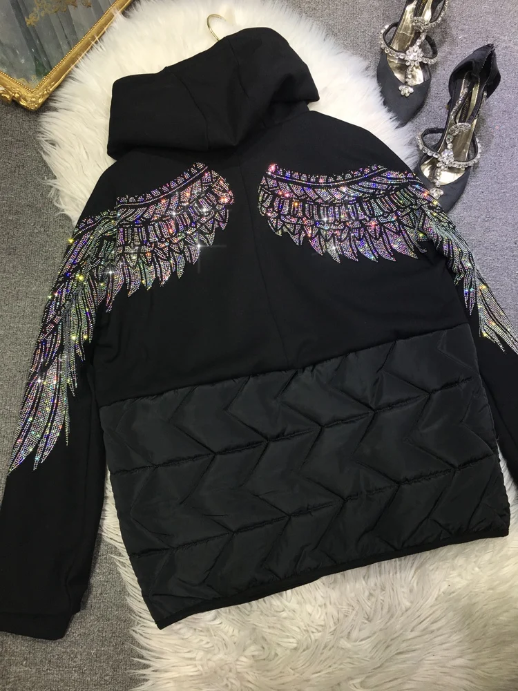 Trendy Hot Drilling Women Cotton-padded Coat Luxury Back Bing Wings Zip Hooded Wadded Jacket Colorblock Autumn Winter Parkas