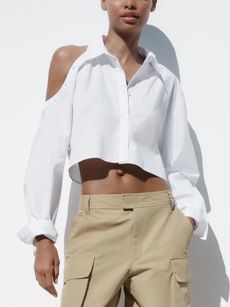 

Women Shirts Tops 2023 High Street Fashion Cut Out Shoulder White Shirt Front Button Up Long Sleeve Street Style Cropped Shirt