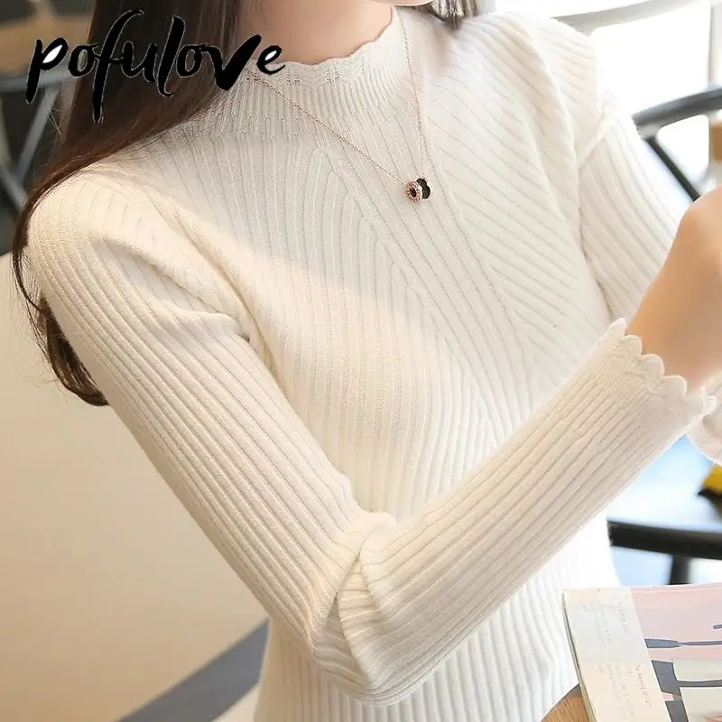 Женский свитер с высоким воротником длинный Однотонный пуловер трендовый