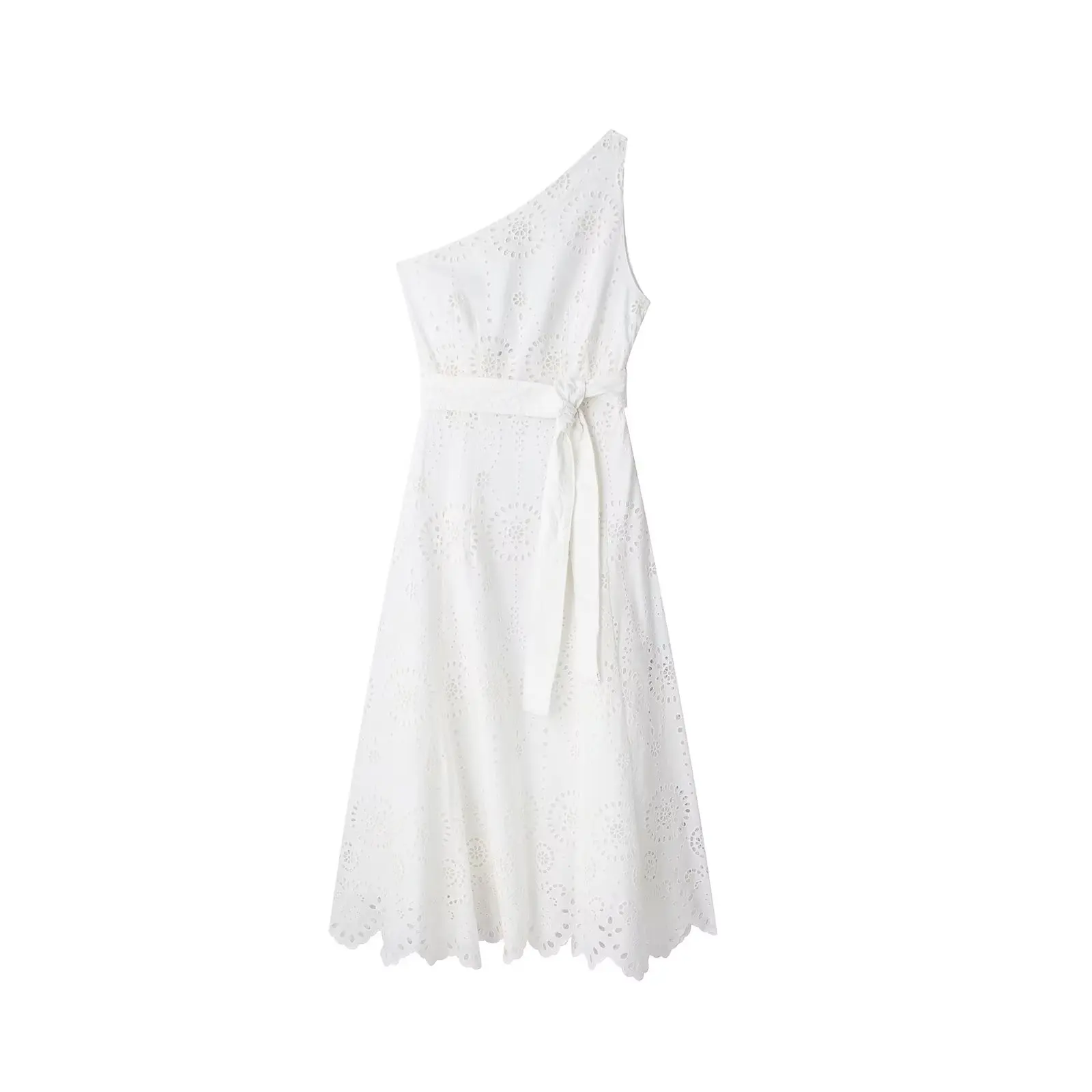 

DYLQFS 2023 NEW Summer Women White Asymmetry Hollow out Sashes Decoration Casual Vintage Sweet Dresses