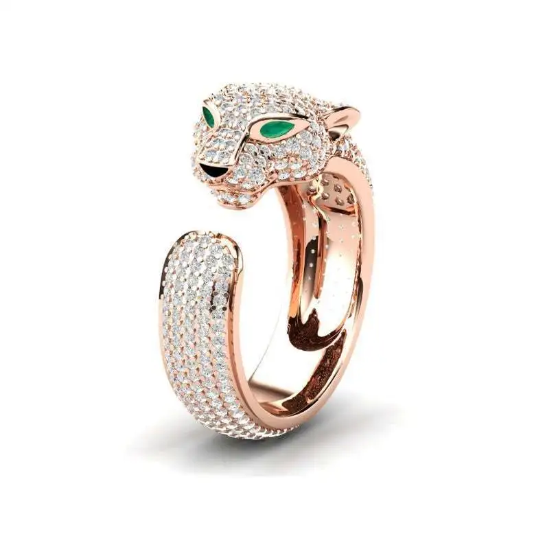 

Jewelry European and American Luxury Explosions Leopard Head Ring Fashion Micro-inlaid AAA Zircon Animal Opening Ring