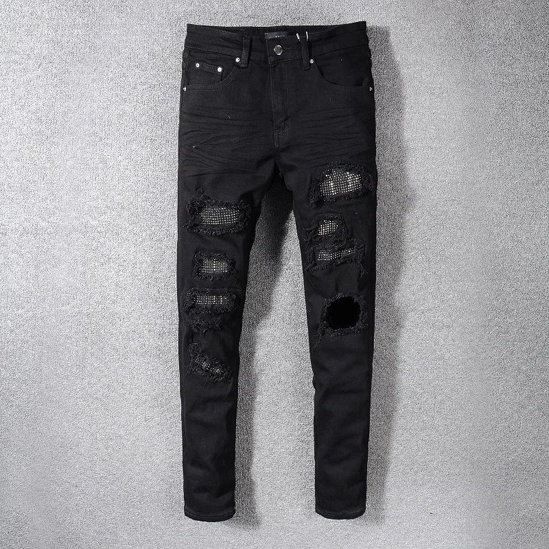 New Fashion 2023 Mens Jeans Black Cat-whiskers Diamond Young Slim Feet Pants for Men