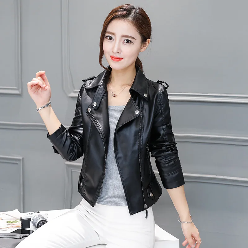 

2022 Autumn New Pu Motorcycle Leather Jacket Women's Short Korean Version Slim Large Size Short Coat Leather Jacket
