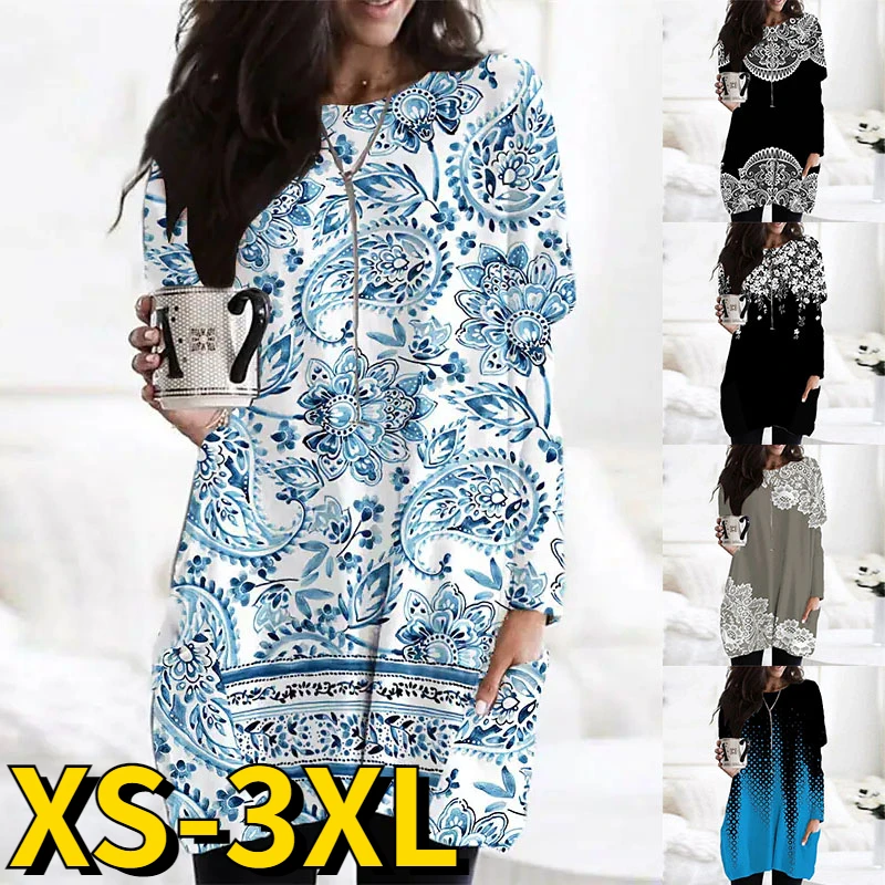 

2022 New Fashion Leisure Long Sleeve Autumn Winter Women Round Neck Short Skirts New Design Printed Pullover Loose Size T-shirt