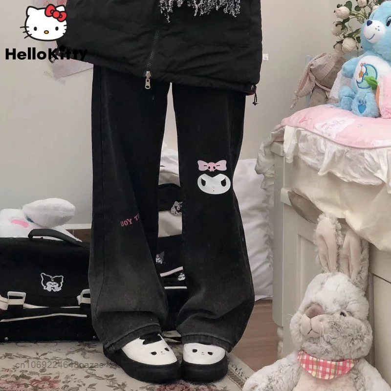 Sanrio Kuromi Embroidery Gothic Jeans Y2k High Street Styke American Retro Trousers Student Soft Casual High Waist Pants Women