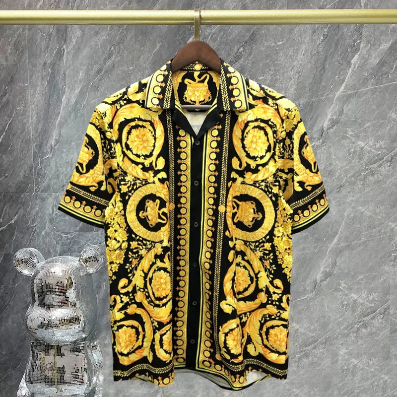 2023 Luxury Black Gold Full Gold Flower Shirt Men Casual Shirt Camisa Masculina Slim Triangle Print Shirt Dress Men Short Sleeve