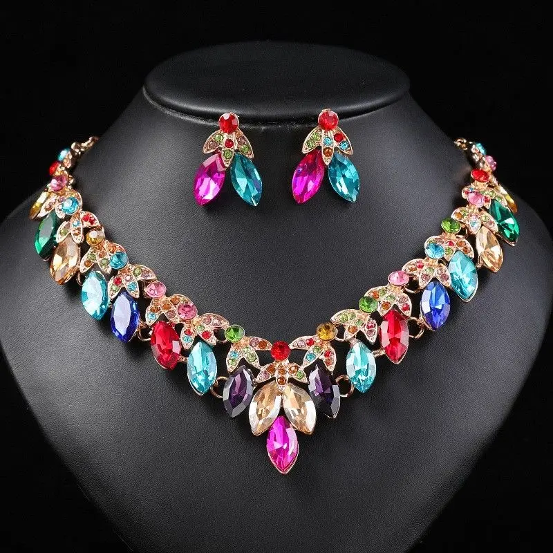 

New Zircon Jewelry European and American Necklace Set Colorful Multi layered Flower Leaf Shape Dress Accessories