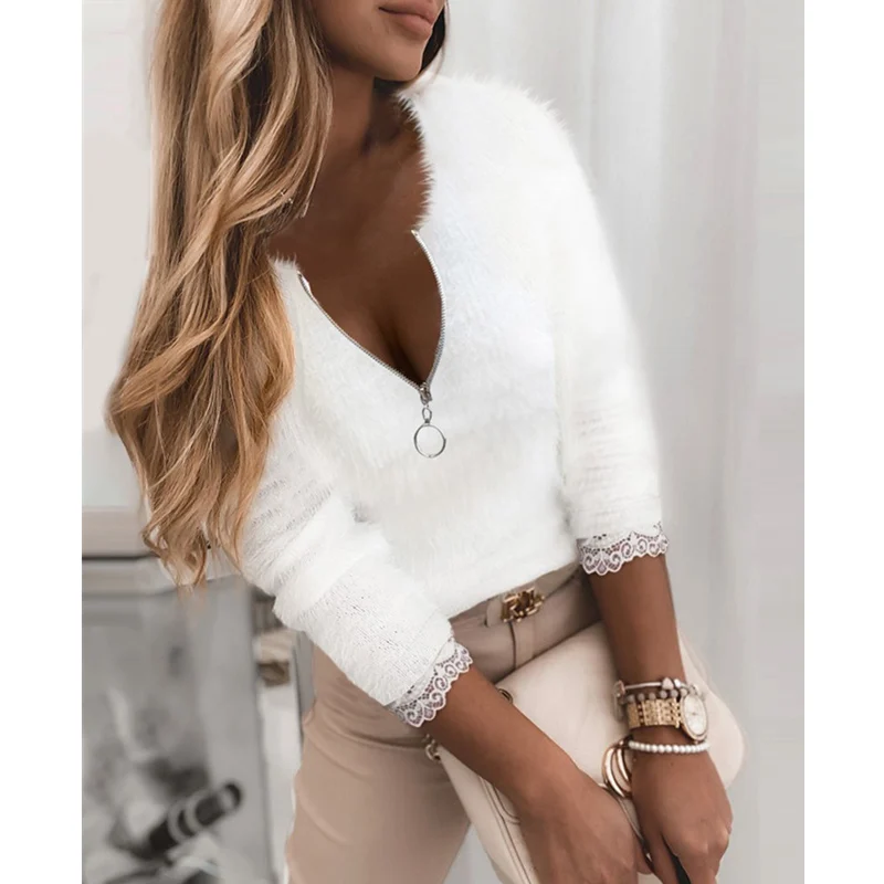 

Women Lace Splicing Plush Velvet Long Sleeve Top Shirt Fashion Casual Sexy Zipper V Neck Slim Fit T-shirt Streetwear