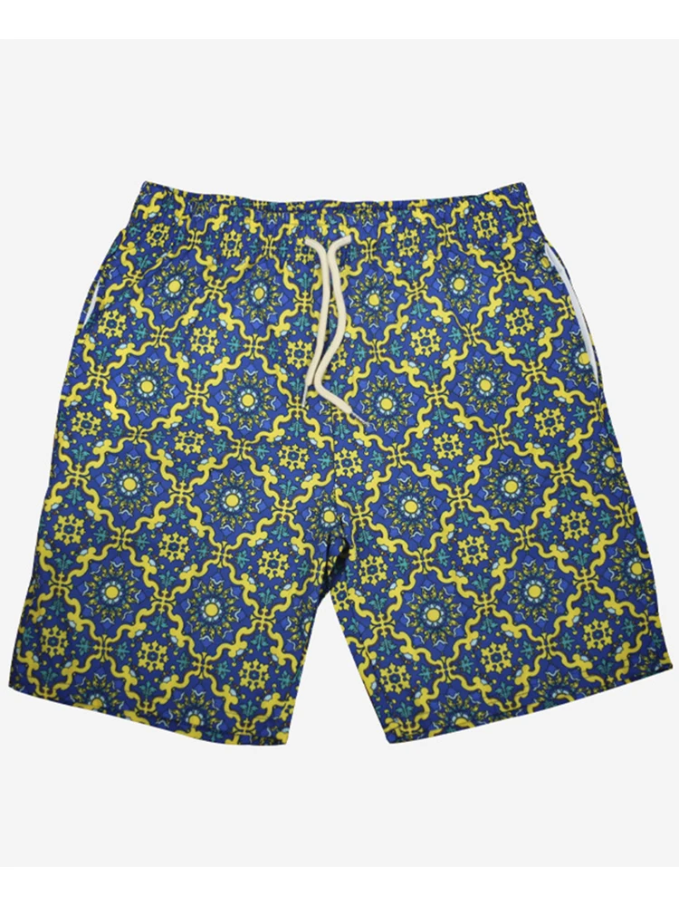 

New Fashion Drawstring Design Mid Waist Short Pant For Men Summer Holiday Casual Shorts Retro Pattern Print Mens Beach Shorts