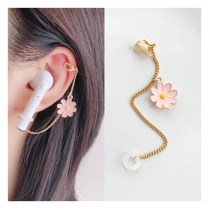 

Personality Bluetooth Earphone Anti Loss Earrings Daisy Flower Pendant Earbud Chain Wireless Headset Ear Clip Mother' Day Gift