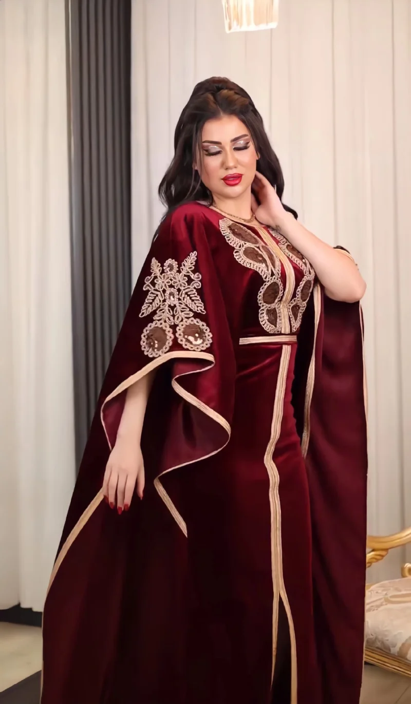2023 Summer Autumn Muslim Fashion Women Half Sleeve O-neck Velvet Sequined Party Wedding Long Abaya Muslim Dresses Abaya Dress