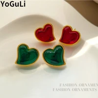 s925 needle modern jewelry heart earrings popular design vintage green red resin stud earrings for women party gifts