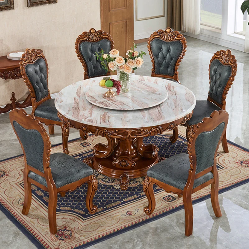 

European-style solid wood combination with turntable round dining table restaurant round table one table and six chairs